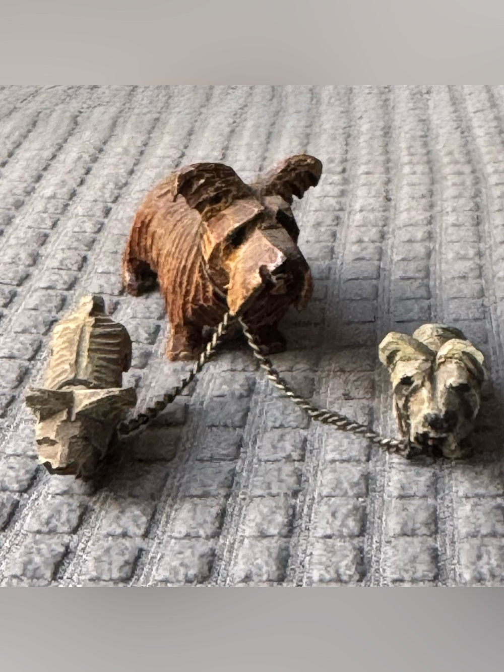 Antique Hand-Carved Wooden Scottish Terrier Mother Dog & Two Puppies on Chains